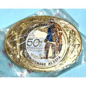 1985 Anchorage, Alaska FUR RONDY 50th Anniversary Fur Trapper logo Buckle NEW